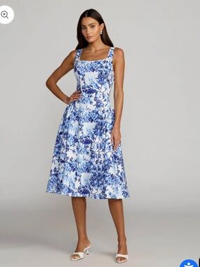 Mac Duggal White and Blue Floral Sleeveless A-Line Midi Dress